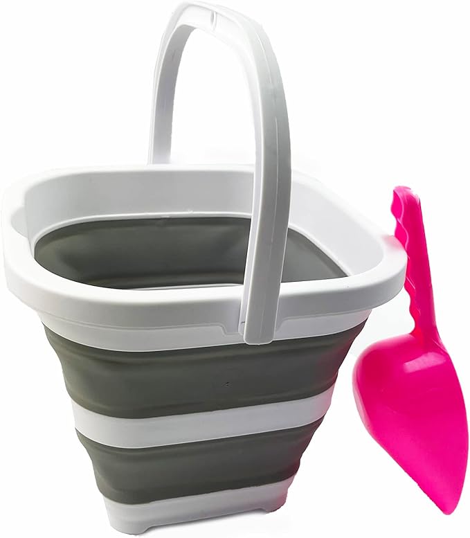 SAMMART Collapsible Rectangular Cleaning Bucket 5L (1.3 Gallon)- Foldable Camping Beach Sand Water Pot Pail- Portable Space Saving Tub for Household, Outdoor Car Washing (White/Grey)