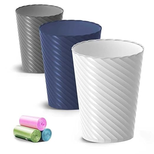 Bathroom Trash Can, 3 Pack 1.8 Gallons Small Trash Can with Trash Bags, Bathroom Garbage Can, Plastic Trash Bin, Round Waste Basket for Bedroom, Office, Room (White Blue Grey)