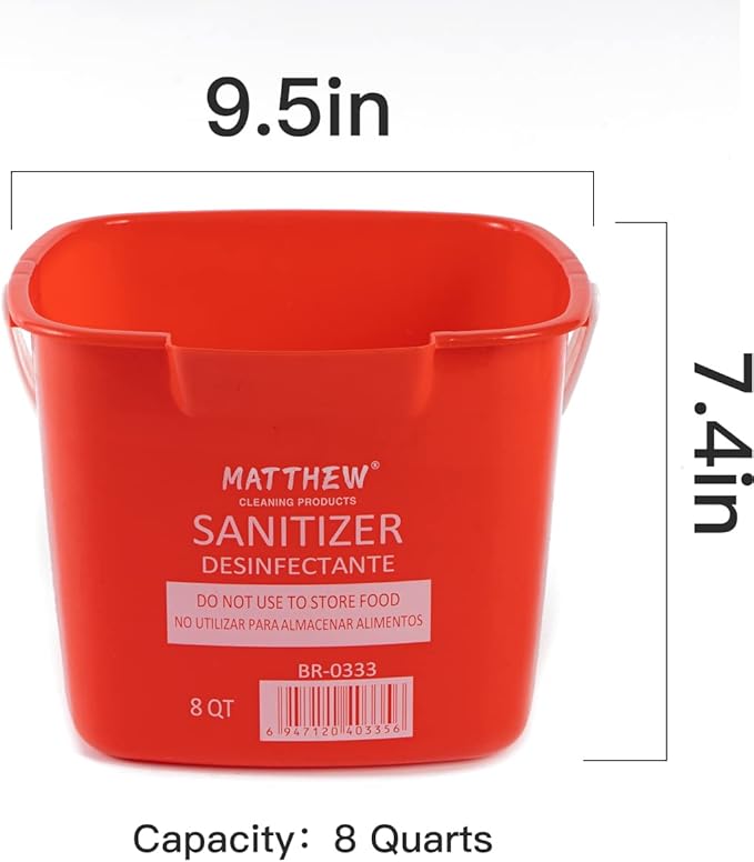 Matthew Detergent&Sanitizing Cleaning Bucket 8 Quart Plastic Pail,Set of 12 Square Containers,Built-in Spout w/Handle,Wash Rinse Sanitize Handwash Bucket for Home Office Commercial Restaurant (Red)