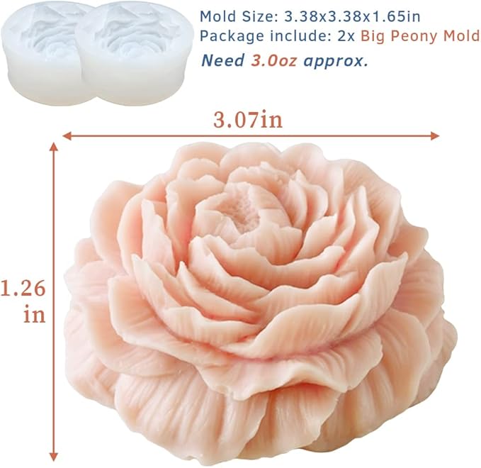 2PCS Peony Flower Silicone Soap Molds 3D Resin Candle Molds Flower Fondant Silicone Mold for Handmade Cake Decoration Cupcake Jelly Candy Chocolate Epoxy Casting Resin Craft