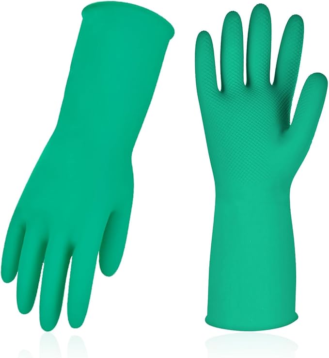 Vgo... 1-Pair Reusable Household Gloves, Rubber Dishwashing gloves, Extra Thickness, Long Sleeves, Kitchen Cleaning, Working, Painting, Gardening, Pet Care (Size S, Green, HH4601)