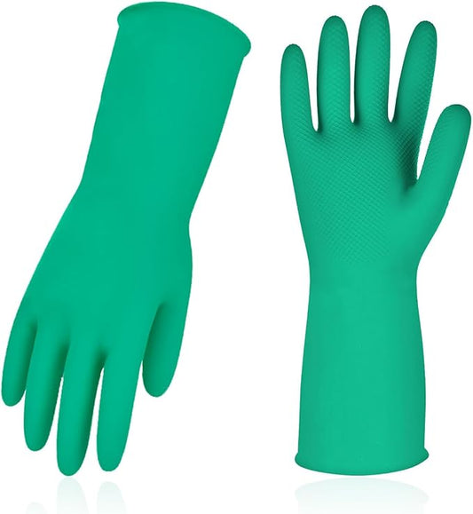 Vgo... 1-Pair Reusable Household Gloves, Rubber Dishwashing gloves, Extra Thickness, Long Sleeves, Kitchen Cleaning, Working, Painting, Gardening, Pet Care (Size M, Green, HH4601)