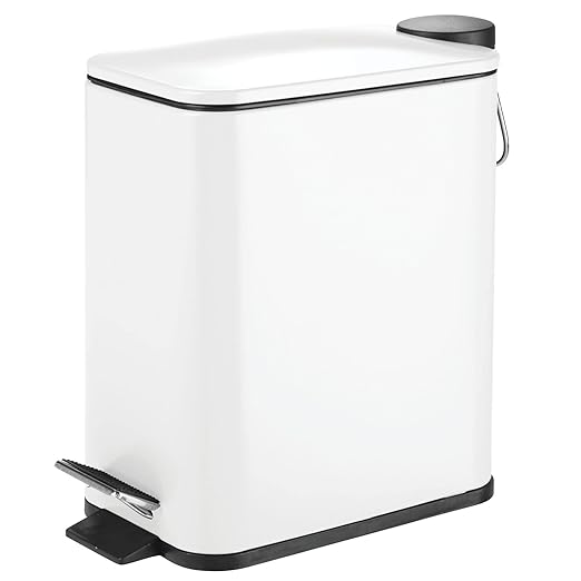 mDesign Slim Metal Rectangle 1.3 Gallon/5 Liter Trash Can with Step Pedal, Easy-Close Lid, Removable Liner - Narrow Wastebasket Garbage Container Bin for Bathroom, Bedroom, Kitchen - Matte White