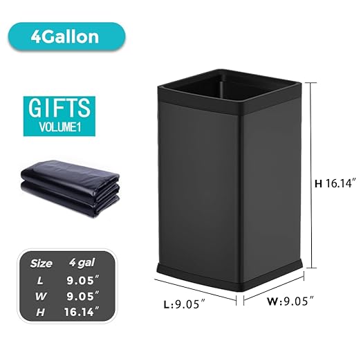4 Gallon/15L Square Trash bin, Double Layer Bathroom Trash cans,Large Capacity,Elegant Garbage Can, for Home,Kitchen,Office,Hotel(15L Black)