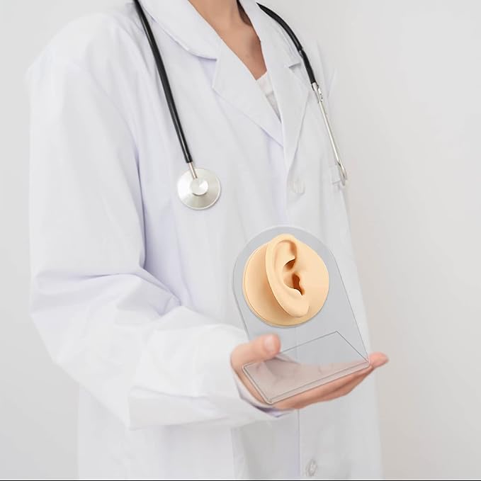 TOUNALKER 1Pcs Soft Silicone Ear Model, Reused Flexible Ear Mold Fake Ear with Acrylic Stand Ears Stud, Simulation Rubber Ear for Piercing Practice Jewelry Display