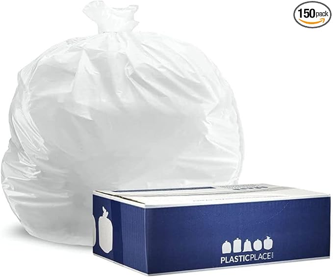Plasticplace 32-33 Gallon Trash Bags │ 0.7 Mil │ White Garbage Can Liners │ 33” x 39” (150 Count)