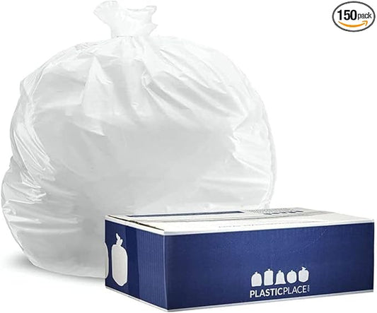 Plasticplace 32-33 Gallon Trash Bags │ 0.7 Mil │ White Garbage Can Liners │ 33” x 39” (150 Count)