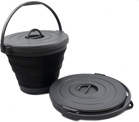 SAMMART Set of 2-10L (2.64Gallon) Collapsible Fishing Bucket Locking Lid, 31cm Dia. (2, Grey/Black)