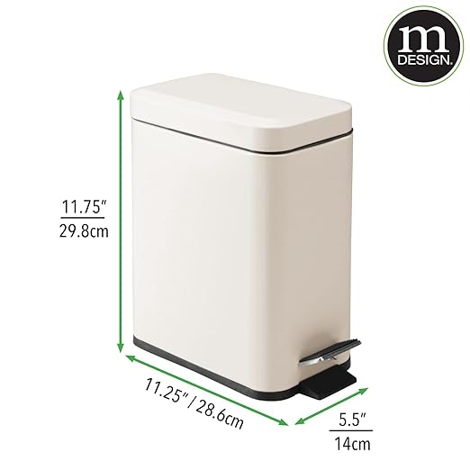 mDesign Small Modern 1.3 Gallon Rectangle Metal Lidded Step Trash Can, Compact Garbage Bin with Removable Liner Bucket and Handle for Bathroom, Kitchen, Craft Room, Office, Garage - Cream/Beige