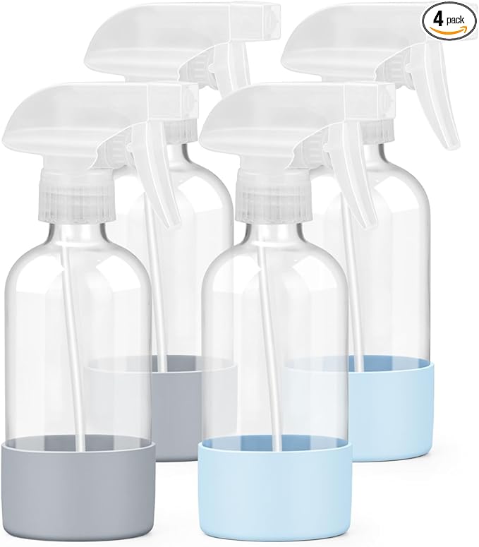 4 Pack Glass Spray Bottles 8 oz, Empty Refillable Containers with Silicone Sleeve Protection, Glass Spray Bottles for Cleaning Solutions, Hair and Plants with Adjustable Nozzles Blue&Grey
