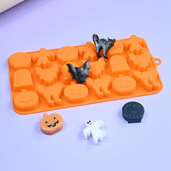 mostsom Chocolate Mold Halloween Silicone Chocolate Molds Pumpkin Bat Skull Ghost Spider Shape Baking Molds for Jelly Soap Fondant Candy Pastry Cake Decorating (H_9x4.6x0.52 inch)