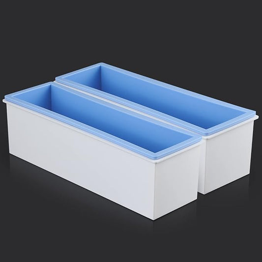 2 Pcs Loaf Soap Mold with Plastic Box, Flexible Silicone Rectangular Mold 42oz, Swirl Making Tool for DIY Soap, Handmade Candles, Resin Casting, Homemade Desserts (Blue)