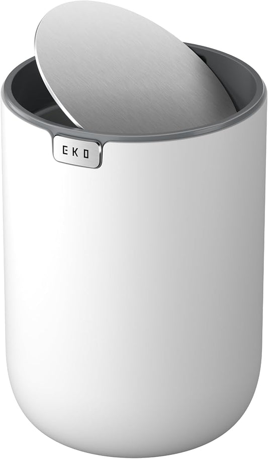 EKO Fandy 0.58 Gal/2.2L Mini Trash Can with Lid, Swing-Top Desktop Trash Can for Bathroom, Countertop, Vanity, Desk or Office, Small Garbage Bin (White)