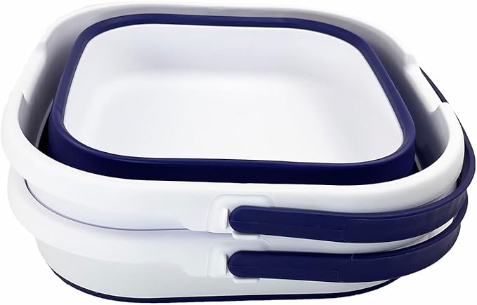 SAMMART 9.5L (2.5 Gallon) Collapsible Rectangular Handy Bucket (White/Navy Blue (Set of 2))