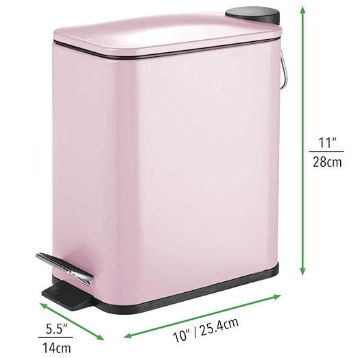 mDesign Slim Metal Rectangle 1.3 Gallon Trash Can with Step Pedal, Easy-Close Lid, Removable Liner - Narrow Wastebasket Garbage Container Bin for Bathroom, Bedroom, Kitchen, Office - Matte Blush Pink