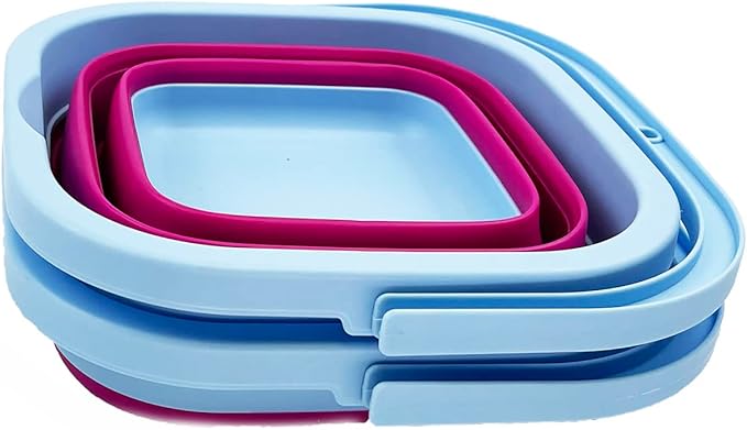 SAMMART Collapsible Rectangular Cleaning Bucket 5L (1.3 Gallon)- Foldable Camping Beach Sand Water Pot Pail- Portable Space Saving Tub for Household, Outdoor Washing (Cool Blue/Flamingo (Set of 2))