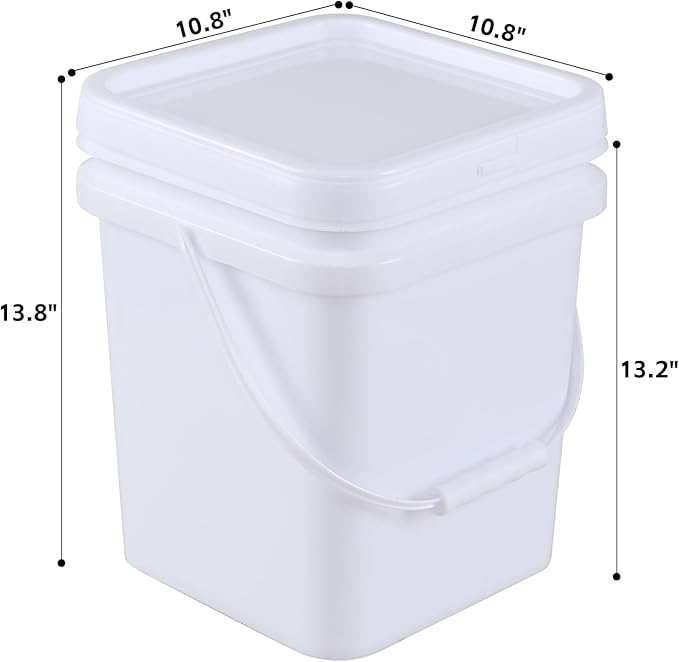 4 Packs Square Food Buckets with Lid, 5 Gallon Plastic Lidded Storage Bucket, Utility Pail, White
