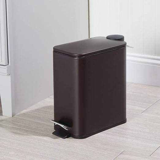 mDesign Rectangular Pedal Bin – 5 L Metal Waste Bin with Pedal, Lid and Plastic Bucket Insert – Household Rubbish Bin for Bathroom, Kitchen and Office – Bronze