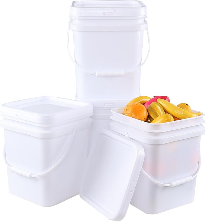 4 Pcs 5 Gallon Plastic Bucket with Airtight Lid, Square Food Plastic Bucket Pail, Heavy Duty Reusable Water Bucket with Handle