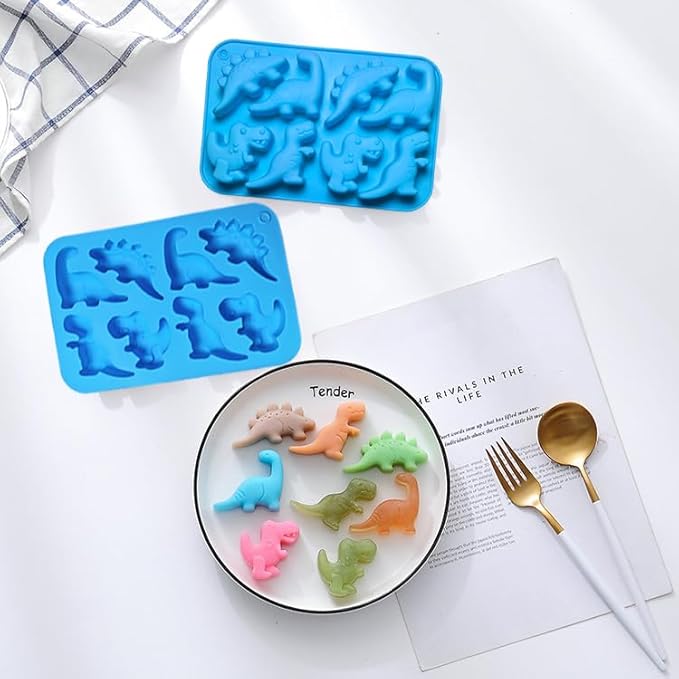Dinosaur Silicone Gummy Candy Molds - 2Pcs 8-Cavity Soap Dinosaur Molds Shaped with T-rex, Stegosaurus, Triceratops, Brontosaurus, Non-stick and Bpa Free for Chocolate, Soaps, Crayons, Ice Cubes