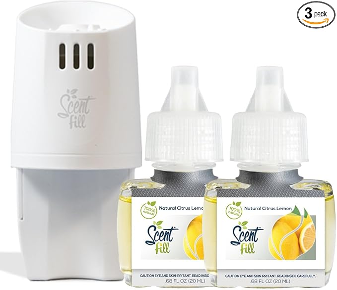 Scent Fill 100% Natural Lemon & Citrus Plug in Air Freshener, Scented Oil Refills, 2 Refills + Diffuser