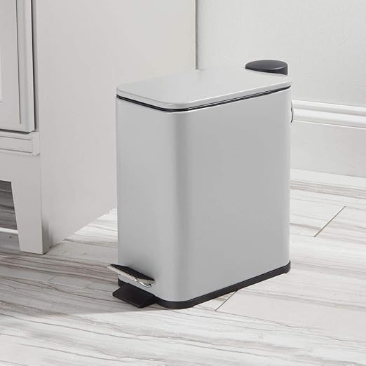 mDesign Slim Metal Rectangle 1.3 Gallon/5 Liter Trash Can with Step Pedal, Easy-Close Lid, Removable Liner - Narrow Wastebasket Garbage Container Bin for Bathroom, Bedroom, Kitchen - Matte Gray