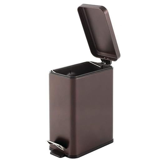 mDesign Pedal Bin — Waste Bin with Pedal, Lid and Plastic Bucket Insert for Bathroom, Kitchen, and Office — Metal Household Rubbish Bin with Ergonomic Design — Bronze