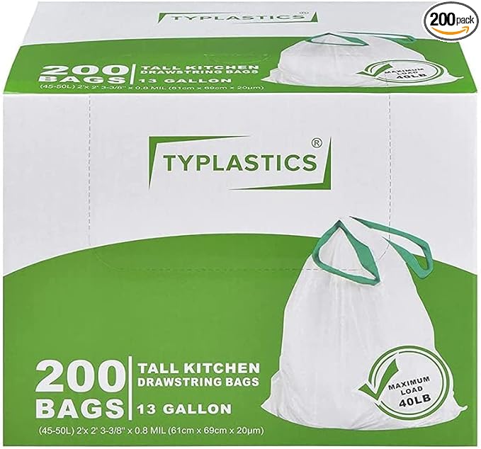 TYPLASTICS Tall Kitchen Drawstring Trash Bags 13 Gallon (200 Count)