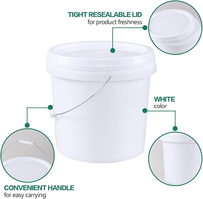 4-Gallon White Bucket Pail Container with Lid, Food Grade All Purpose Pail Built-in Handle, 4 Packs