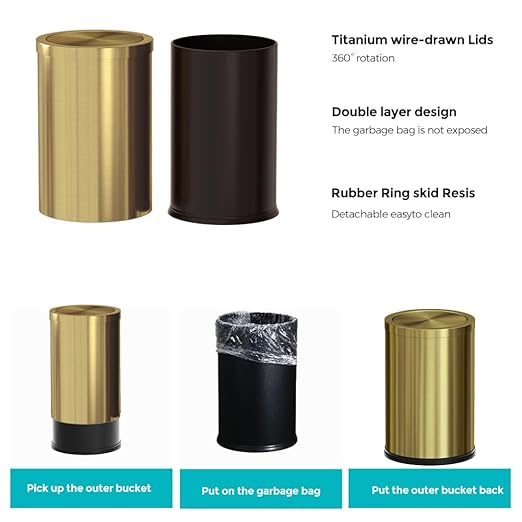 Stainless Steel Gold Bathroom Trash Can with Lid, 9L/2.4Gallon Garbage Can for Bedroom, Kitchen, Office, Living Room (Double Layer)