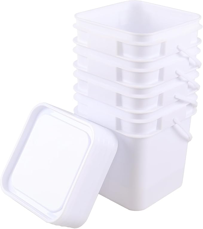 4 Pcs 3 Gallon Plastic Square Bucket Pail Container with Lid, White Bucket Food Grade Square Bucket with Plastic Handle