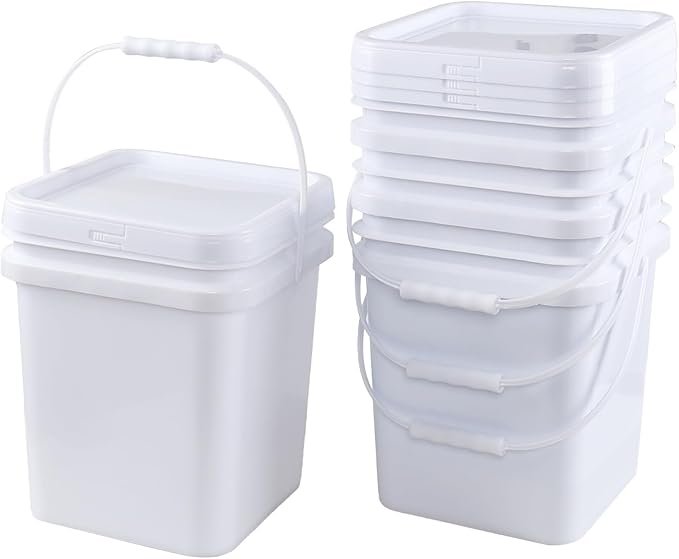 Teyyvn 5 Gallon Plastic Square Bucket with Lid and Handle, 4 Pack White Square Food Bucket Pail Container