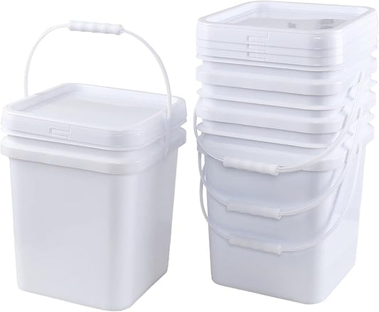 Teyyvn 5 Gallon Plastic Square Bucket with Lid and Handle, 4 Pack White Square Food Bucket Pail Container