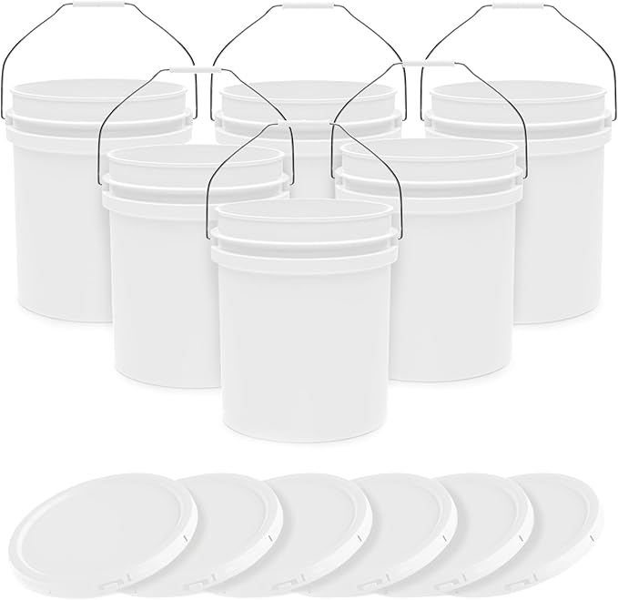 5-Gallon White Bucket Pail Container with Lid Food Grade Heavy-Duty Extra Durable Metal Handles with Plastic Grip for Easy Carrying Multi-Use Easy Stack and Store BPA Free