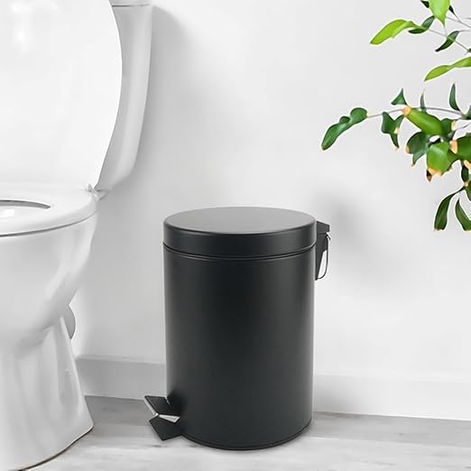 Stainless Steel Small Trash Can with Lid & Step Pedal - 5 Liters/1.3 Gallon Soft Close Waste Basket with Removeable Inner Bucket - Garbage Can for Bathroom, Bedroom, Kitchen & Office (Black)