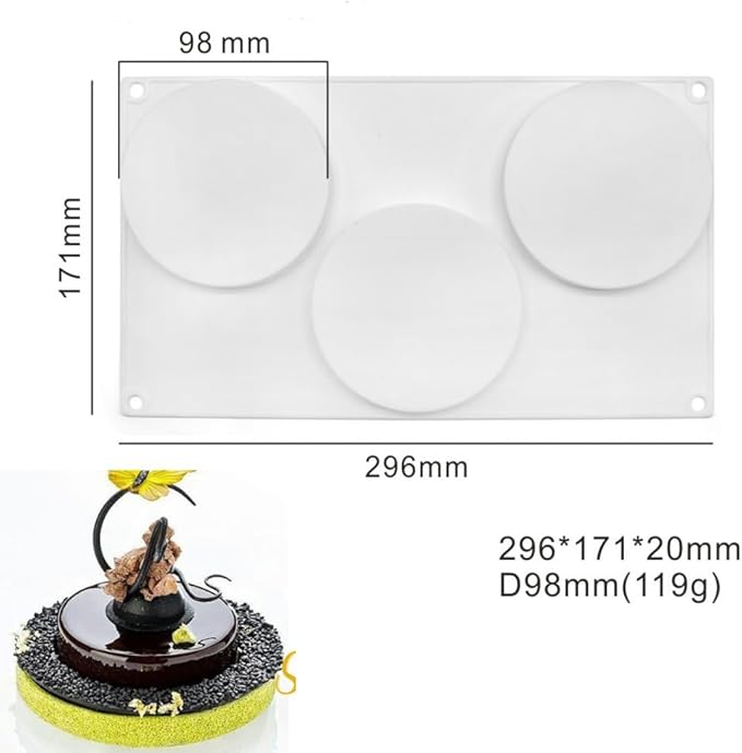 3 Holes Round Silicone Mold Cake Pastry Baking Molds Jelly Pudding Soap Form Ice Cake Decoration Tool Disc Bread Biscuit Mould (Round F_11.84 X6.84 X0.8 inch)