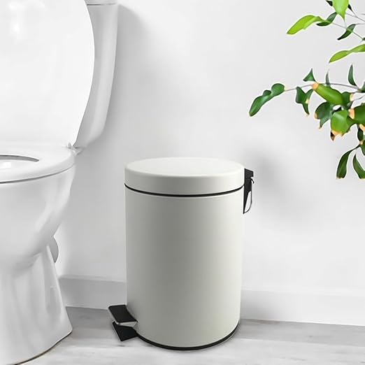 Stainless Steel Small Trash Can with Lid & Step Pedal - 5 Liters/1.3 Gallon Soft Close Waste Basket with Removeable Inner Bucket - Garbage Can for Bathroom, Bedroom, Kitchen & Office (White)