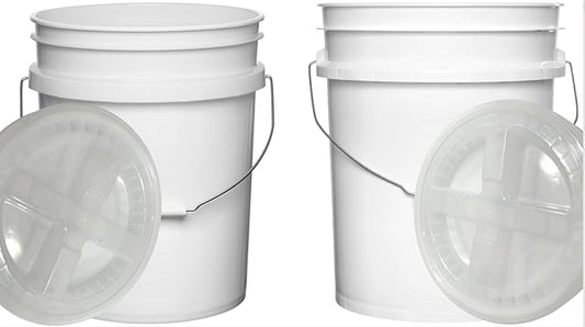 House Naturals Food Grade 5 Gallon Made in USA Plastic Bucket with Air Tight Screw on Lid (White Buckets with Clear Lids)
