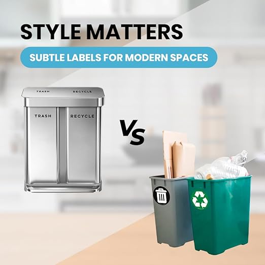 Modern Recycle & Trash Stickers - Minimalist, Discreet Vinyl Labels for Trash Cans & Bins - Elegant Indoor Waste & Recycling Signs for Home, Kitchen & Office | Black