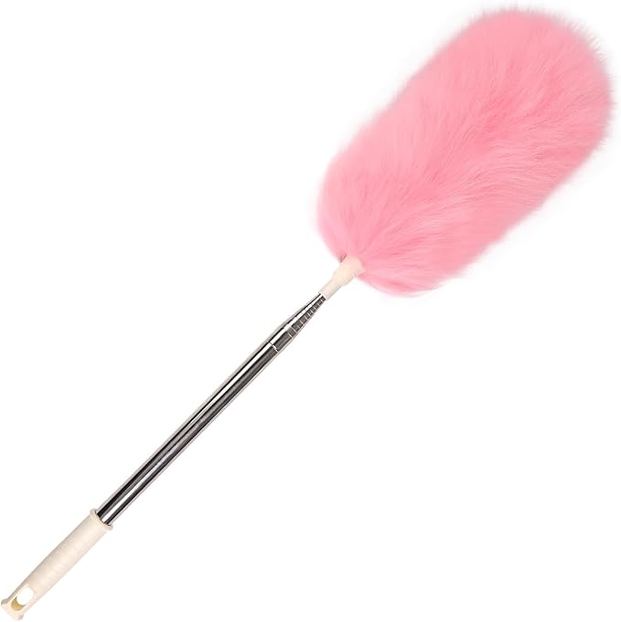 Extendable Lambswool Duster Stainless Steel Handle 133" Removable Feather Duster for Cleaning Ceiling Fans Interior Roof Furniture, Pink