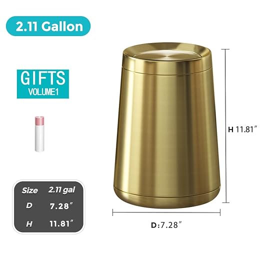 8L / 2.1Gal Gold Brushed Stainless Steel Trash Can with Swing Cover,Gold Bathroom Trash can ，Decorative Garbage Can for Bathroom, Living Room, BedroomOffice, Hotel, RV (32A gold-8L)