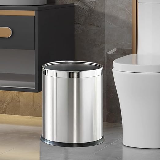 2.6Gallon/10L，Stainless Steel Bathroom Trash Can,Chrome Trash Can,Silver Garbage Can for Office，Wastebasket for Hotel，Office，Store，Metal Trash bin Without lid (Silver)