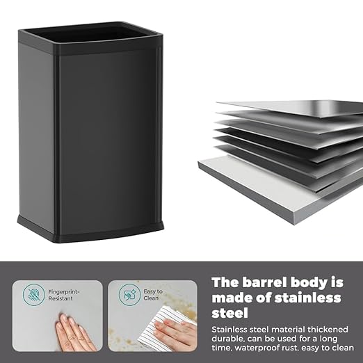 6.6 Gallon/25L Stainless Steel Square Trash Can, Large Capacity Kitchen Garbage Can, Business Trash Bin, Tall, Elegant, Black Waste Basket, for Home, Office, Hotel (25L Black)