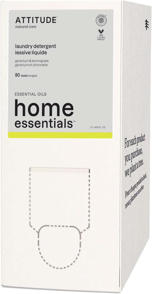 ATTITUDE Laundry Detergent with Essential Oils, EWG Verified, Vegan, Plant and Mineral-Based Ingredients, HE, Bulk Refill, 80 Loads, Geranium and Lemongrass, 67.6 Fl Oz