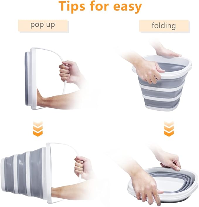 2 Pack Collapsible Bucket, 2.6 Gallon (10L) - Square Foldable Mop Bucket for House Cleaning, Car Washing, Camping - Portable Water Pail for Outdoor, RV, Travel (Grey)