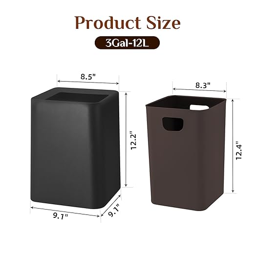 2 Pack Square Modern Trash Can Bedroom, 3Gal/12L Bathroom Trash Can Hidden Bag, Open Top Trash Bin Square Plastic, Minimalist Black Garbage Can with Inner Bucket (with 2 Handles) for Kitchen Office