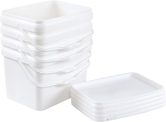 4-Pack 5 Gallon Plastic Rectangular Bucket Pail with Snap Lid, Square Food Bucket Pail Container with Handle, White