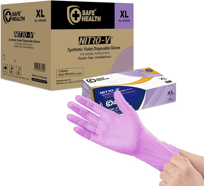 Safe Health NITRO-V Nitile-Vinyl Synthetic Dispoable Gloves, Free of Latex & Powder, Wisteria, Black, Housework, Tattoo