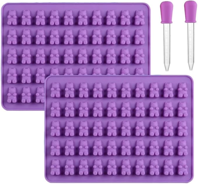 2 Piece Gummy Bear Silicone Molds, Non-Stick Chocolate Candy Mold with 2 Droppers Food Grade (Purple)