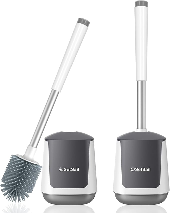 SetSail Silicone Toilet Bowl Brush and Holder Automatic Toilet Brushes for Bathroom with Holder Ventilated Toilet Cleaner Brush for Toilet Scrubber Cleaning, White & Grey (2 Packs)